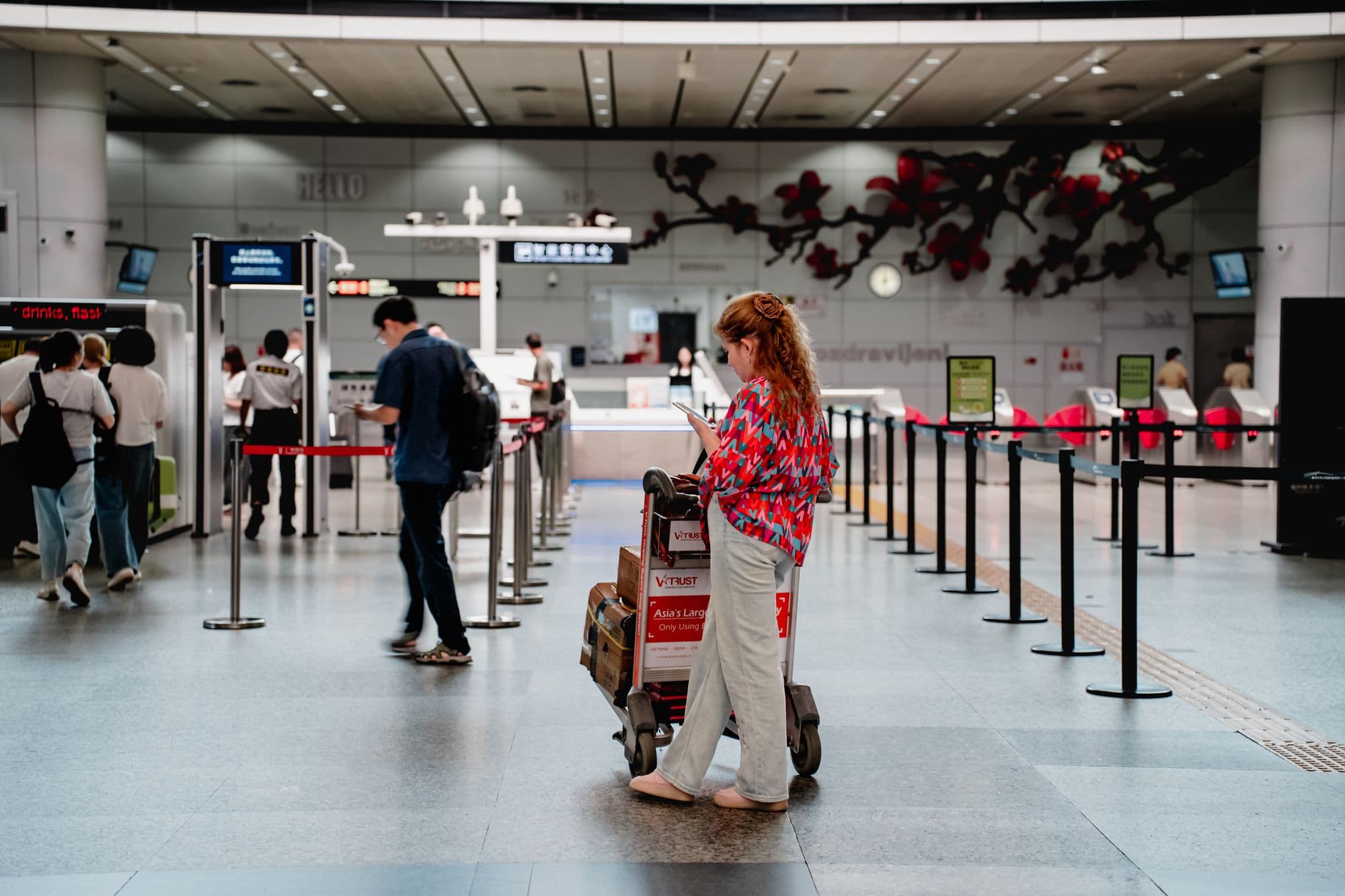 Une voyageuse avec son chariot à bagages dans un terminal